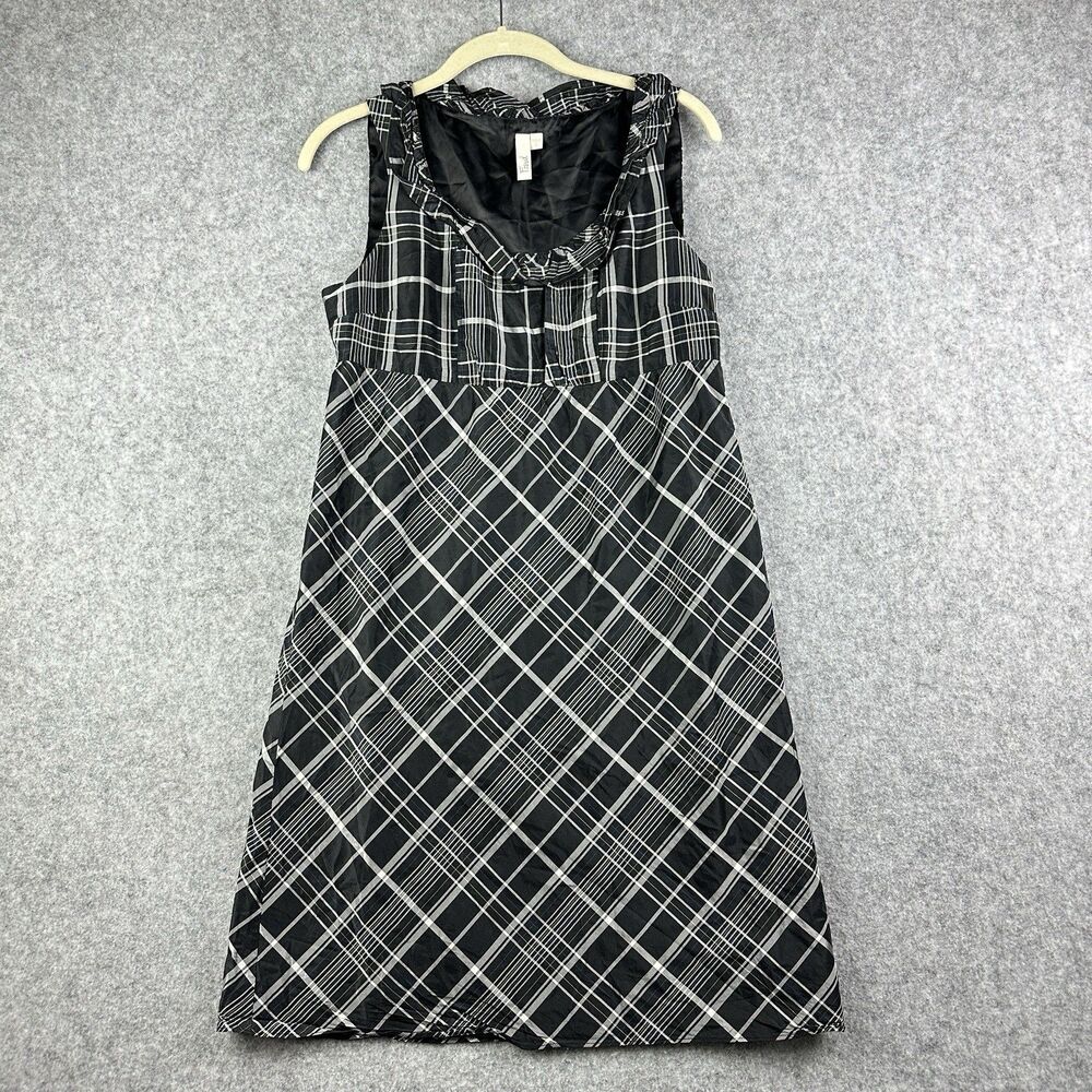 Fossil Silk Dress Womens S Black Plaid Ruffle Neck Lined Zip Office Career READ*
